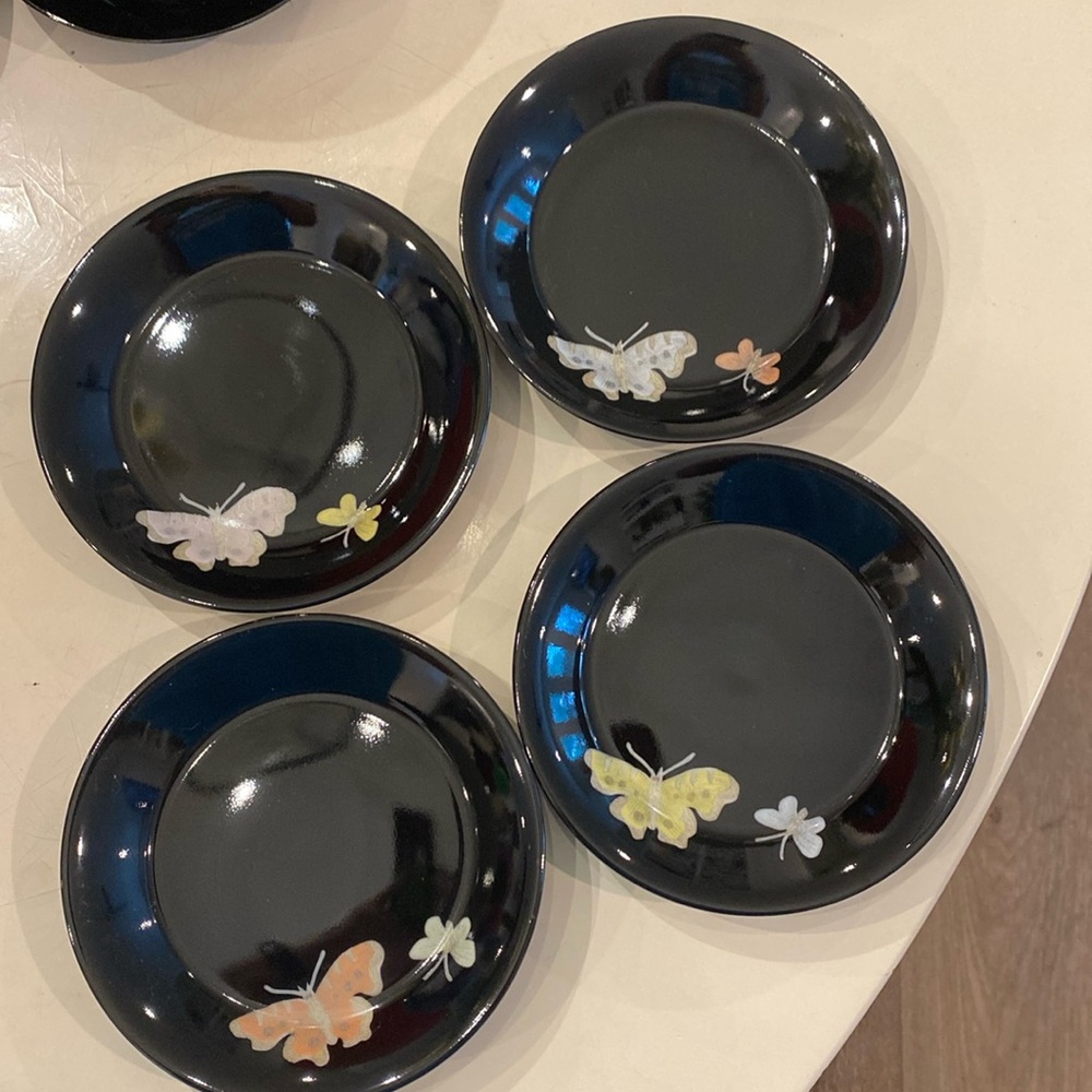 Fitz & Floyd Midnight Poppy Saucers‎ w/Butterflies.  4 Saucers.